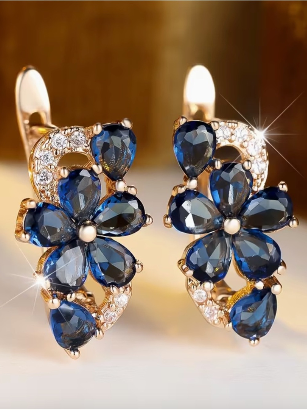 Elegant Plated Blue Crystal Flower Earrings.